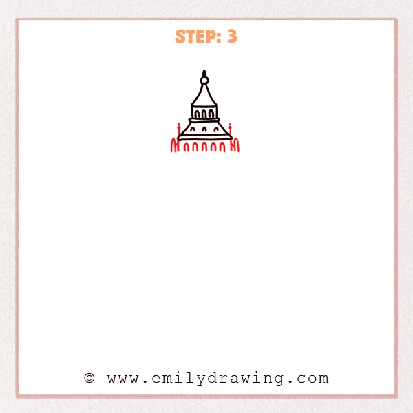 how to draw a big ben - Step 3: Arch windows and small side ornaments refine the top of Big Ben.